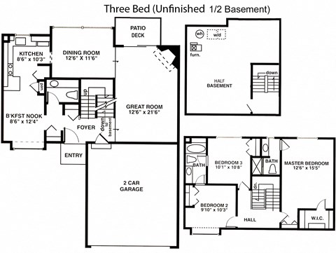 Floor plan for 3 beds, 2.5 baths, 1900 sqft